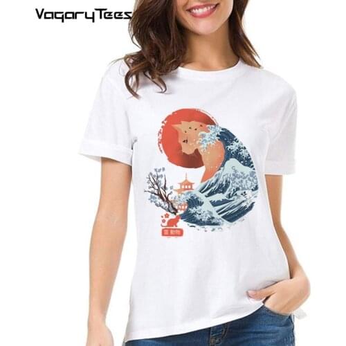 The Great Wave off Kanagawa in Cat vintage Ukiyo Meow t shirt Female short sleeve women white casual tshirt unisex streetwear