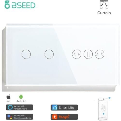 Bseed Mvava EU Standard Smart Wifi Touch Switch 2 Gang With Curtain Work With Tuya Google Smart Home Crystal Glass Panel