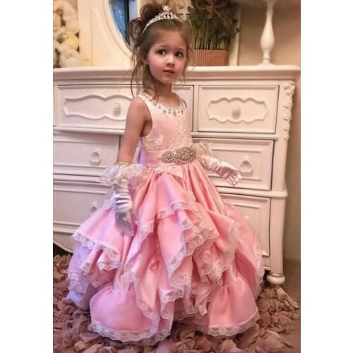 Vintage Lace Applique Girls Pink Princess Ball Gowns Pink Puffy Flower Girls Dresses Puffy Girls Birthday Party Dresses Custom