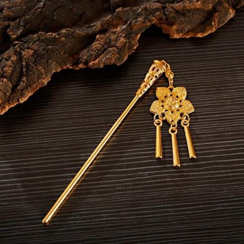Vintage Chinese Style Hair Stick For Women Boho Ethnic Gold Plate Flower Carved Tassel Hairpin Indian Jewelry Best Frineds Gifts