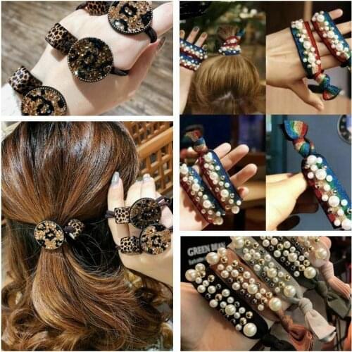 Pearl Fashion Elastic Ladies Hair Rings Rope Band Leopard hair ring rope Rubber hair accessories Ponytail Holder Leopard Rainbow