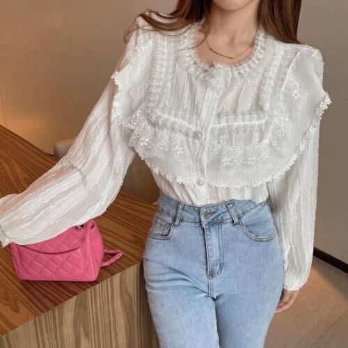 HziriP 2021 Hot Autumn Women Shirt Lace Ruffled Single-Breasted Design Sense Solid Color Gentle Casual Long-Sleeved Elegant Top