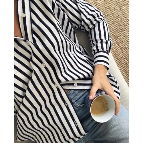 Black White Striped Shirts Cotton blouse Tops Long Sleeves Buttoned Cuffs Slit sides Blouse WOMAN clothing 2020SS