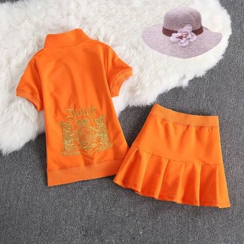 Summer Two Piece Sets Stand Collar Zipper Top And Mini Skirts Women Skinny Vintage Sweet Girl Orange Color Outfits S-XL