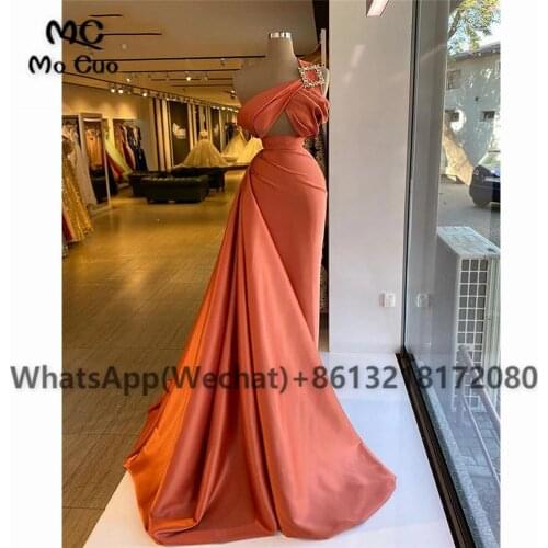 2021 Orange One Shoulder Evening Dresses Long Pleat Satin Robe De Soiree Evening Party Prom Dress for Womens
