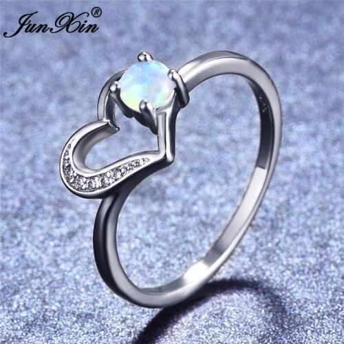 JUNXIN Boho Female Heart Ring Purple/Blue/White Fire Opal Ring Silver Color Jewelry Wedding Rings For Women