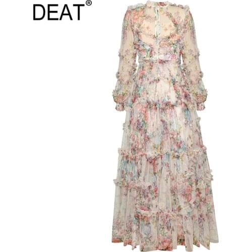 DEAT Women Lace Print Ruffles Cake Dress MultiColor Fresh Stand Neck Long Lantern Sleeve Beach Style 2021 New Summer 15HT381