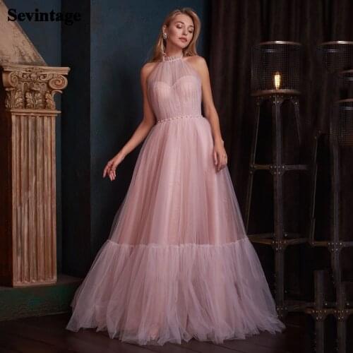 Sevintage Pink A Line Lace Prom Dress Halter Beaded Tiered Tulle Long Evening Dresses Formal Women Special Occasion Gowns 2021