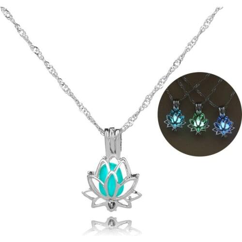 Womens Fashion Luminous Bead Silver Necklace Multicolor Hollow Lotus Creative Pendant Party Gift Jewelry Wholesale