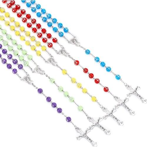 10 colors Religion Rosary necklace For Women Long crystal Acrylic Beads chains Virgin Mary Jesus Cross pendant Fashion Jewelry