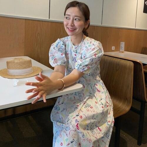 Korea Chic Summer Playful Age Reduction Round Neck Graffiti Print Back Single-Breasted Loose Puff Sleeve Dress Women