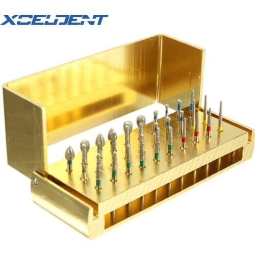 30pc Dental Diamond Burs Drill Golden Disinfection Block Holder Dentist High Speed Handpiece Tools Alumimum Box Teeth Whitening