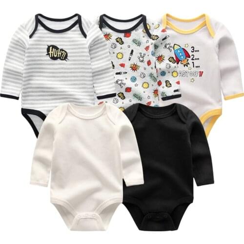 2019 5pcs/lot Baby Rompers Full Sleeve Cartoon Solid Print O-Neck Fashion Cotton Baby Girl Clothes Boy Clothing Roupa de bebe