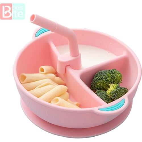 Baby Silicone Plate Divided Food Bowl with Straw Portable 3 Grid Silicone Feeding Dishes Toddler Infant Childrens Tableware
