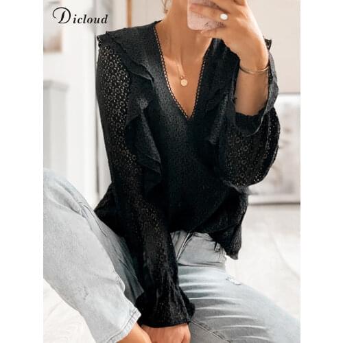 DICLOUD Sexy Lace Shirt Women Spring 2021 Hollow Out Black White Long Sleeve Blouses Female Tops Elegant Ruffle Clothing Ladies