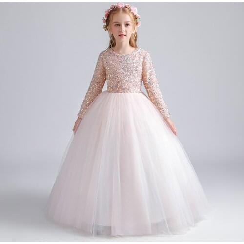 Flower Girl Dresses Illusion Luxury Princess Full Sequined O-Neck Ball Gown Floor-Length Tulle Elegant Lace Kid Party Skirt H077