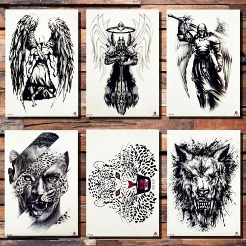 FANRUI Wings Swordsman Skull Temporary Tattoo Sticker Leopard Boy Teeth Monster Black Tatoo Body Art Arm Waterproof Tattoos Men