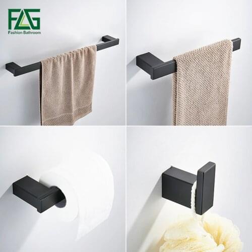 FLG Bathroom Wall Mount Bath Hardware Sets Towel Bar Robe hook Paper Holder Black and White Style Accessories 4pcs set G120-4B