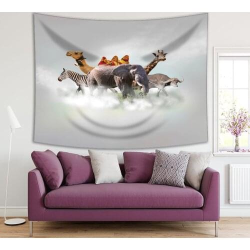 Tapestry Giraffe Elephant Zebra Camel Buffalo Above White Clouds in Gray Sky Wild Animals Photo