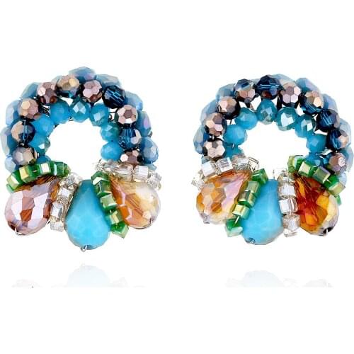 HAHATOTO Round Flower Shape Stud Earrings Blue Color Crystal Beaded Boho Fashion Statement Earrings for Girls Trendy Jewelry