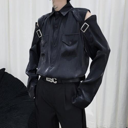 IEFB /mens wear Niche hollow strapless polarized shirt mercerized glitter shirt loose high street 2021 Autumn new tops 9Y1470