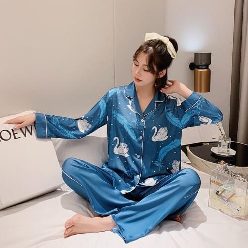 Korean Women Swan Print Thin Silk Satin Pajamas Pyjamas Set Long Sleeve Sleepwear Pijama Female Sleep Two-piece Suit Loungewear