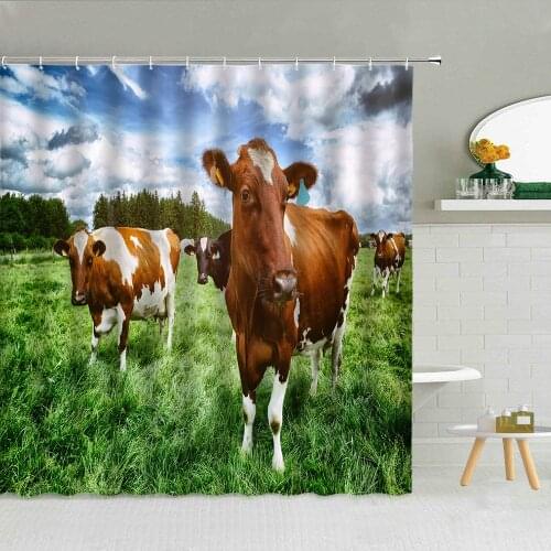 Cow Natural Scenery Shower Curtain Green Grass Forest Farm Landscape Bathroom Decor Curtains Farmhouse Animal Waterproof Screen