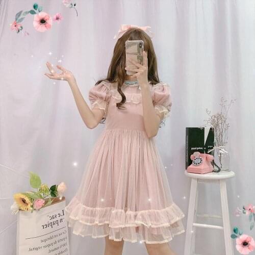 Summer Japanese Lolita Lace Pink Dress Teenage Girls Soft Cute Ruffle Women Short Sleeve A-Line Princess Party Mesh Mini Dresses