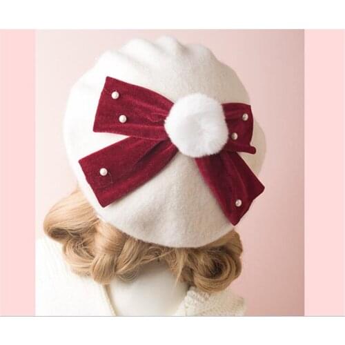 Sweet Women Lolita White Beret With Big Red Bow Gothic Wool Beret Hat for Winter B1544