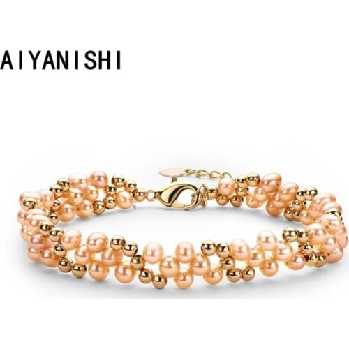 AIYANISHI 18K Gold Filled Multi-layered Bracelet 4-5mm Natural Freshwater Oval Pearl Twisted Fashion Bracelet Women Bangle Gifts