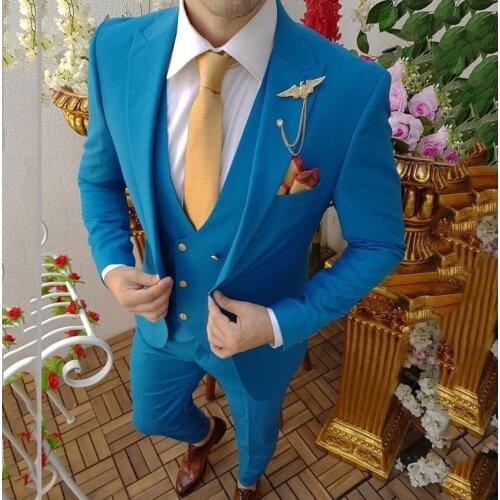 Formal Men Suits Blue 2020 Slim Fit Notch Lapel Groom Suit Mens Tuxedo Blazer Wedding/Prom Suits 3 Pieces (Blazer+Vest+Pants)