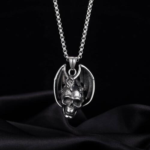 Punk Skull Wing Pendant Necklaces Fashion Mens Hip Hop Nightclub Ghost Head Necklace Male Stainless Steel Jewelry