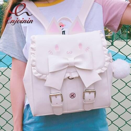 Kawaii Cat Design White Backpack Young Girl Mini School Bag Fashion Women Leather Shoulder bBg Bow Student Travel Backpack
