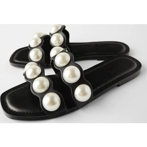 New Summer Black Beaded Casual Pearl Flat Sandals Fashion All-Match Casual Womens Shoes