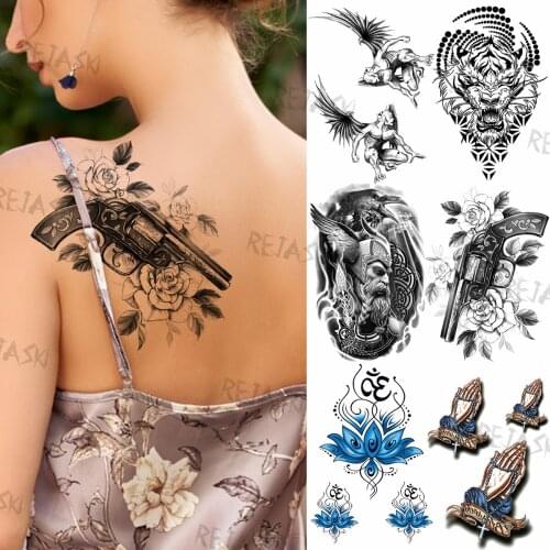 Black Rose Flower Gun Temporary Tattoos For Women Men Fake Totem Lion Warrior Lotus Monster Tattoo Sticker DIY Holiday Tatoos