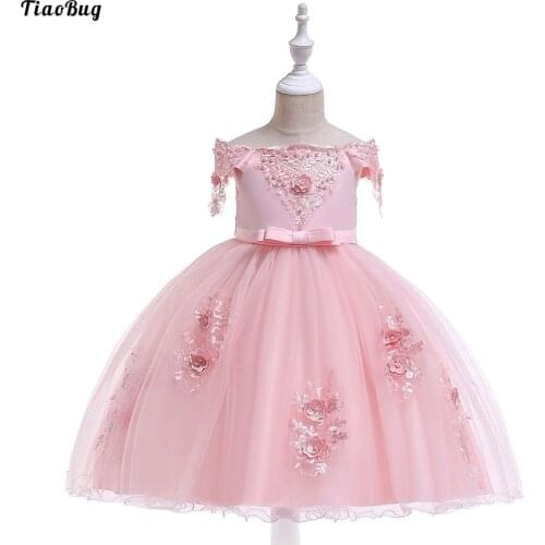 TiaoBug Kid Girls Faux Pearls 3D Embroidery Tulle Dress Off Shoulder Bowknot Ruffle Tulle Hem Fluffy Elegant Wedding Party Dress