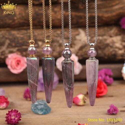 Titanium Rainbow AB Natural Amethysts Quartz Crystal Point Perfume Bottle Essential Oil Gold Pendant Necklace For Women Jewelry