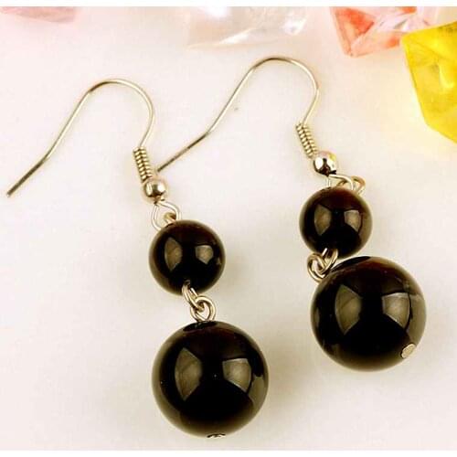 TUMBEELLUWA Black Onyx Gem Stone Round Beads Dangle Hook Earrings For Womens Girls