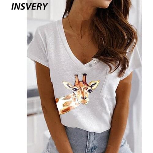 Womens T Shirt Print V Neck Button Casual Loose Tops Short Sleeve Shirt Women Fashion T-shirt V Neck Tee Plus Size Streetwear
