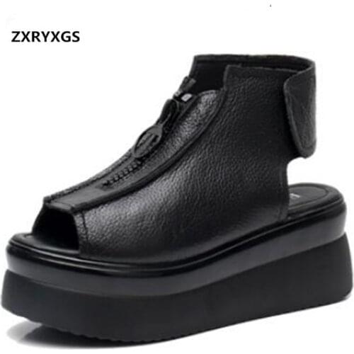 Promotion 2021 New Fish Mouth Top Cowhide Summer Sandals Thick Bottom Wedges Genuine Leather Sandals Women Sandal Shoes Black