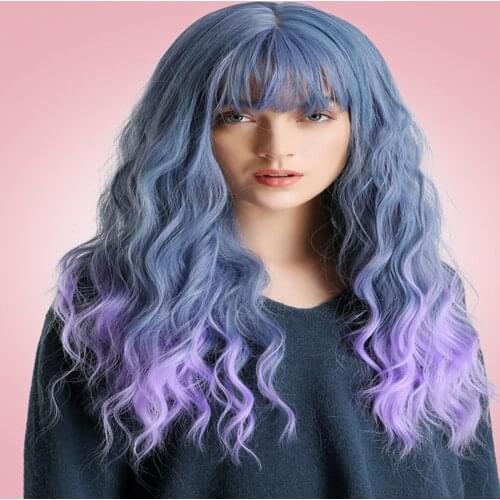 Women Long Straight Synthetic Hair Ombre Blue Wig Resistant Full Wigs