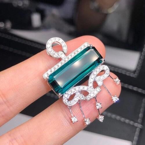 H811 Fine Jewelry Solid 18K Gold 100% Natural 10.8ct Blue Tourmaline Female Diamonds Gemstone Diamond Womens Pendants Necklaces