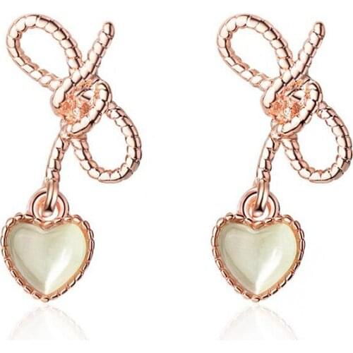 Lovely Little Heart Cat Eye Opal Pendants Earrings OL Style Rose Gold Color Stud Earrings Wedding Party Jewelry Gifts for Women