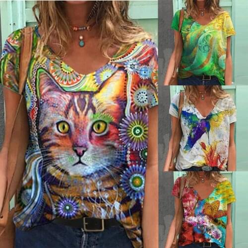 Women Fashion Summer V-neck Digital Cat Printing Pullover Sexy Casual Vest Loose Butterfly Print Sleeveless T-shirt Топ