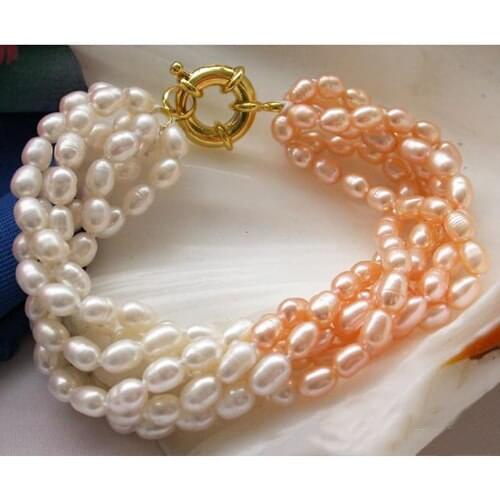 New Style Woman Pearl Jewelry 6row 8'' 7x9mm Pink White Rice Real Freshwater Cultured Pearl Bracelet Handmade Fashion Jewelry