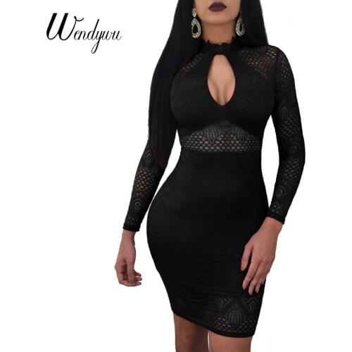 Wendywu Free Shipping New Women Sexy Cleavage Wrist Sleeve Hollow Out Split Black Bodycon Mini Dress