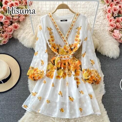 2021 autumn new womens v-neck lantern sleeve print chiffon party dress female Chic elegant waist A-line dresses