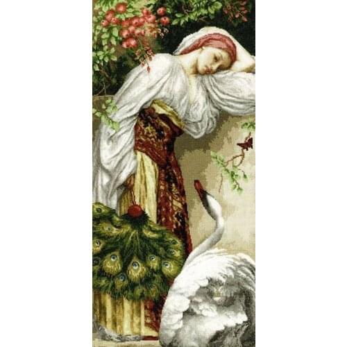 2021 Gold Collection Embroidery Girl with a Swan Cross Stitch Pattern Free with 100% Cotton Floss & Free Shipping for Wall Decor