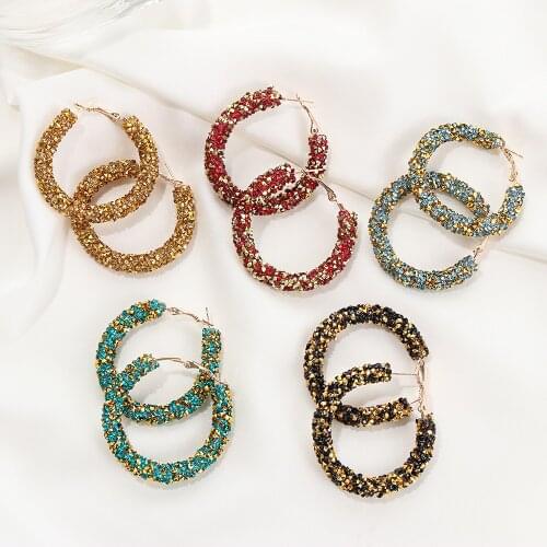 1Pair Glitter Rhinestone Big Circle Ear Studs Hoop Womens Earring Geometric Round Crystal Pendant Charm Jewelry Accessories