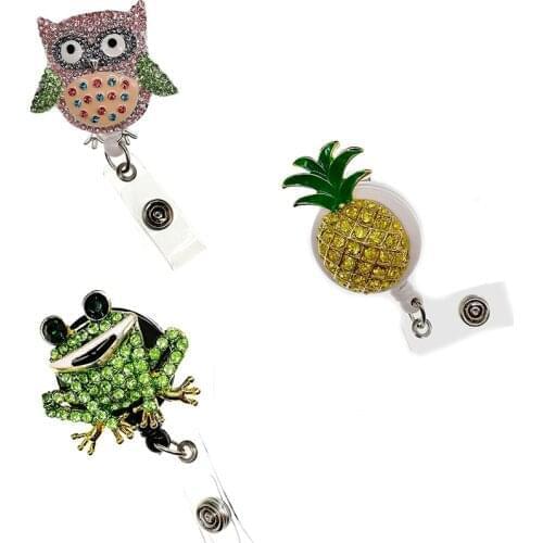 10pcs/lot New design animal owl/frog and fruit pineapple Rhinestone enamel ID badge Holder Reel